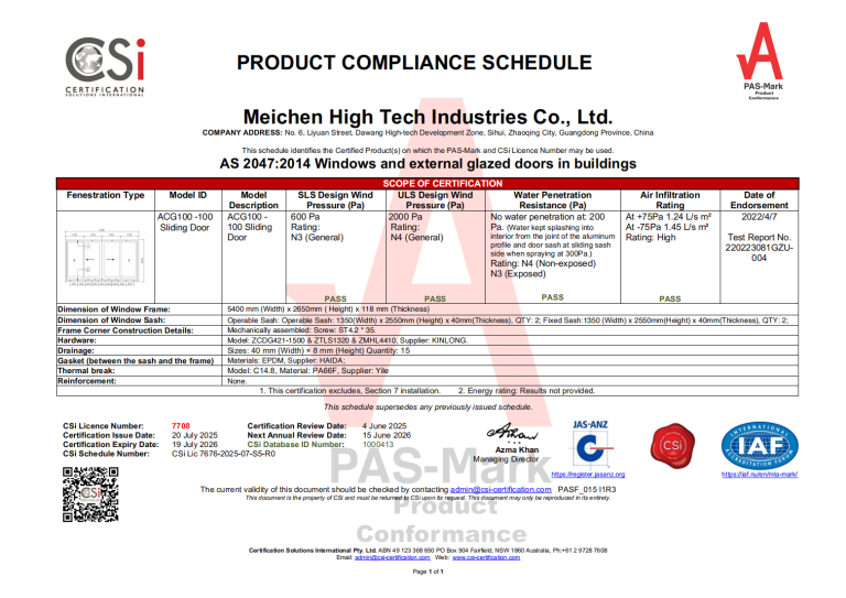 ACG100-100 Sliding Door-260122 CSi Certification